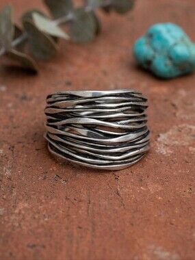 Sterling Silver Wide Wave Band Ring Oxidized Boho Sculptural Statement Size 10